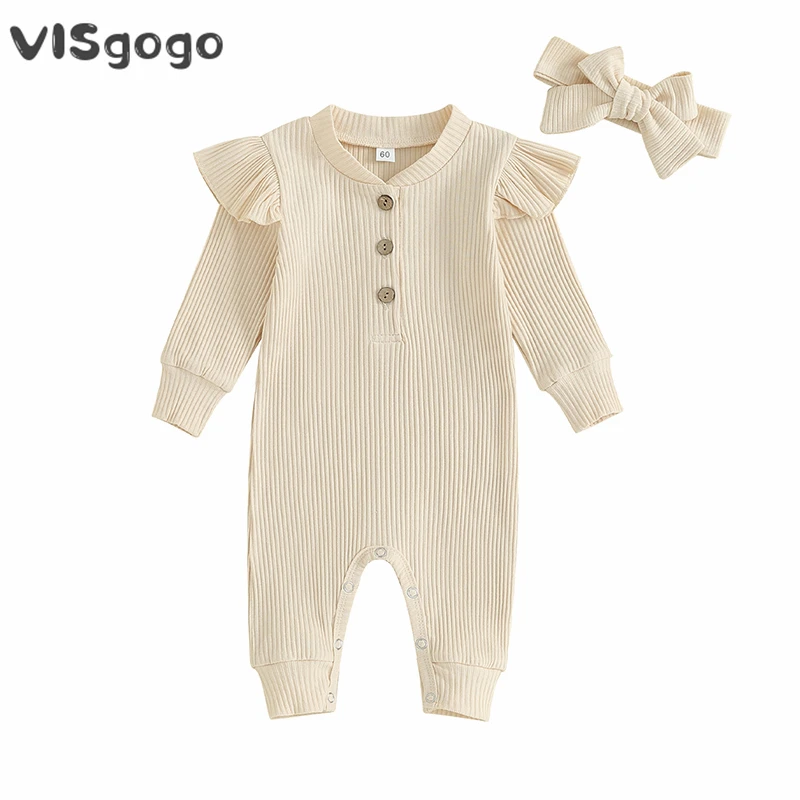 

VISgogo 0-12M Newborn Baby Girl Rompers Ribbed Solid Color Long Sleeve Round Neck Playsuit with Headband Infant Button Jumpsuits