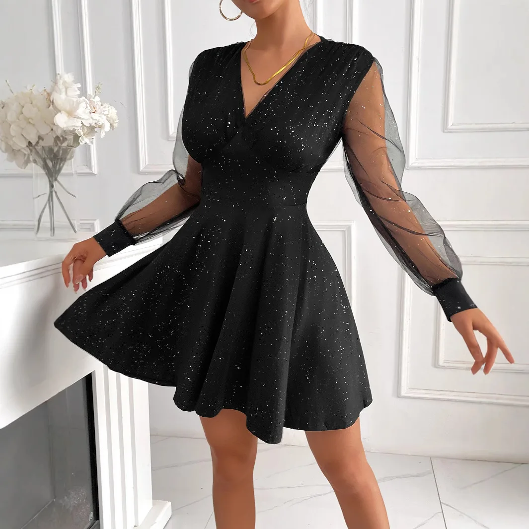 Bridesmaid Dresses Black Sequin Backless Sexy Short Party Evening Dresses Luxury V Neck Stretch Tulle Sleeve Cocktail Prom Dress