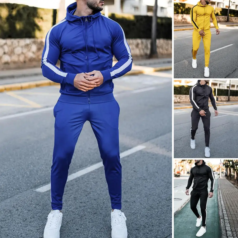 2Pcs/Set Drawstring Long Sleeve Multi Pockets Zipper Placket Hoodie Pants Set Men Autumn Striped Patchwork Slim Tracksuit Outfit