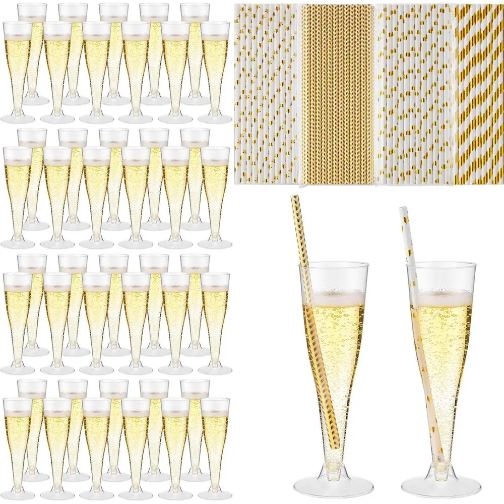 

200 шт. прозрачных одноразовых бокалов для шампанского объемом 4,5 унции с золотыми бумажными трубочками для вечеринок