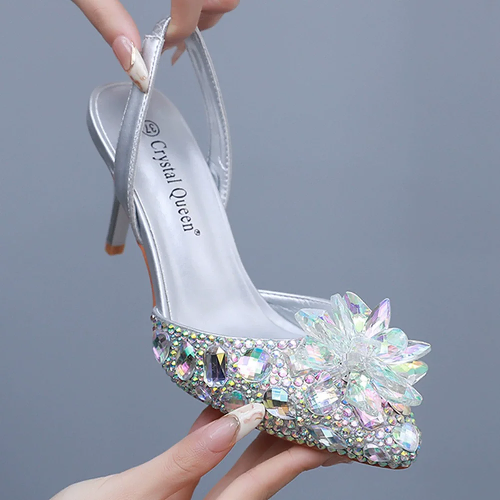 

Summer pointed color crystal flower low-heeled wedding shoes banquet large size thin high-heeled rhinestone women's sandals