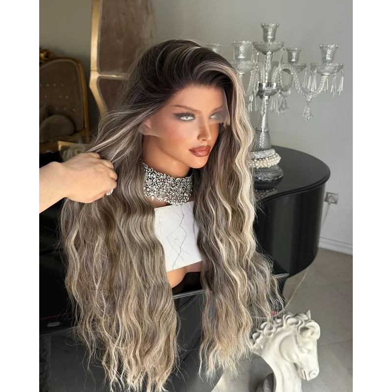 13x4 Front Lace Wig For Women Loose Wave With Dark Root Ash Brown Blonde Highlights Heat Resistant Synthetic Wig