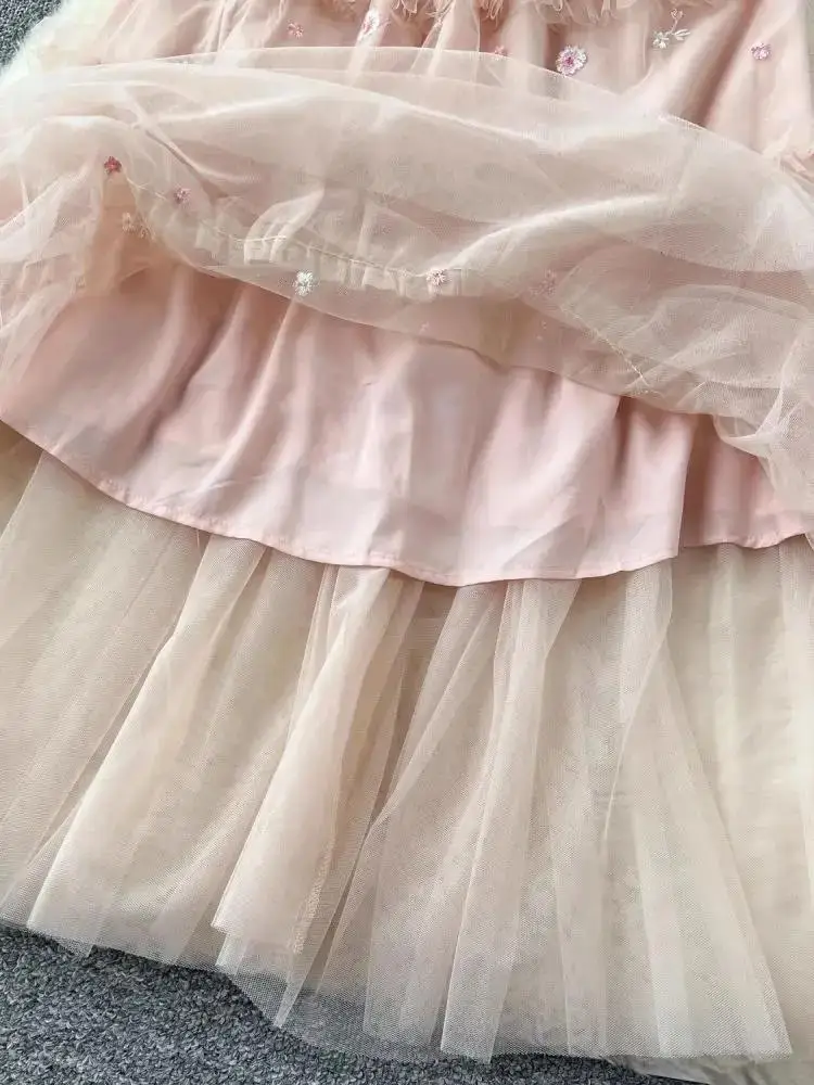 Women Stand Collar Flying Sleeve Elastic Waist Layers Ruffles Maxi Dress Summer Flower Embroidery Pink Mesh Runway Robe Vestidos