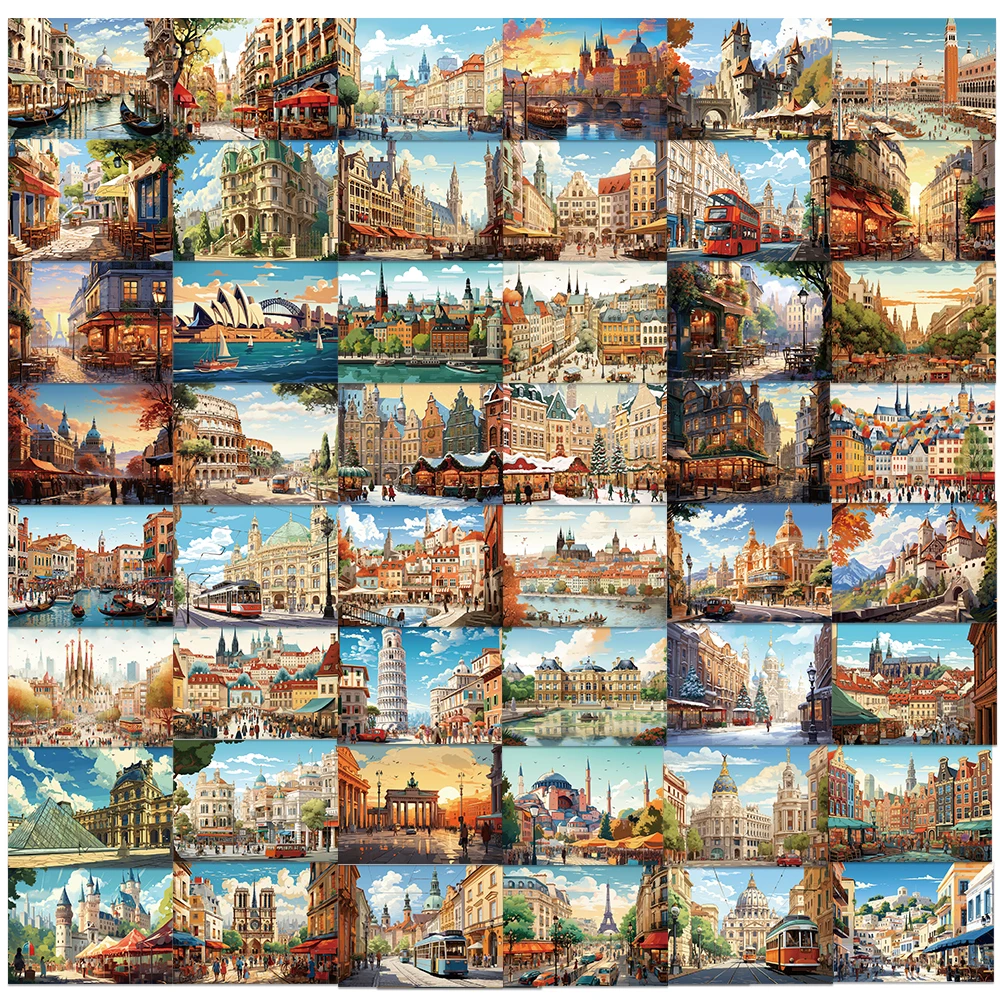 50pcs Cartoon European architecture Stickers Decal For Luggage Laptop Phone Graffiti Waterproof Sticker Gifts for Adults Kids