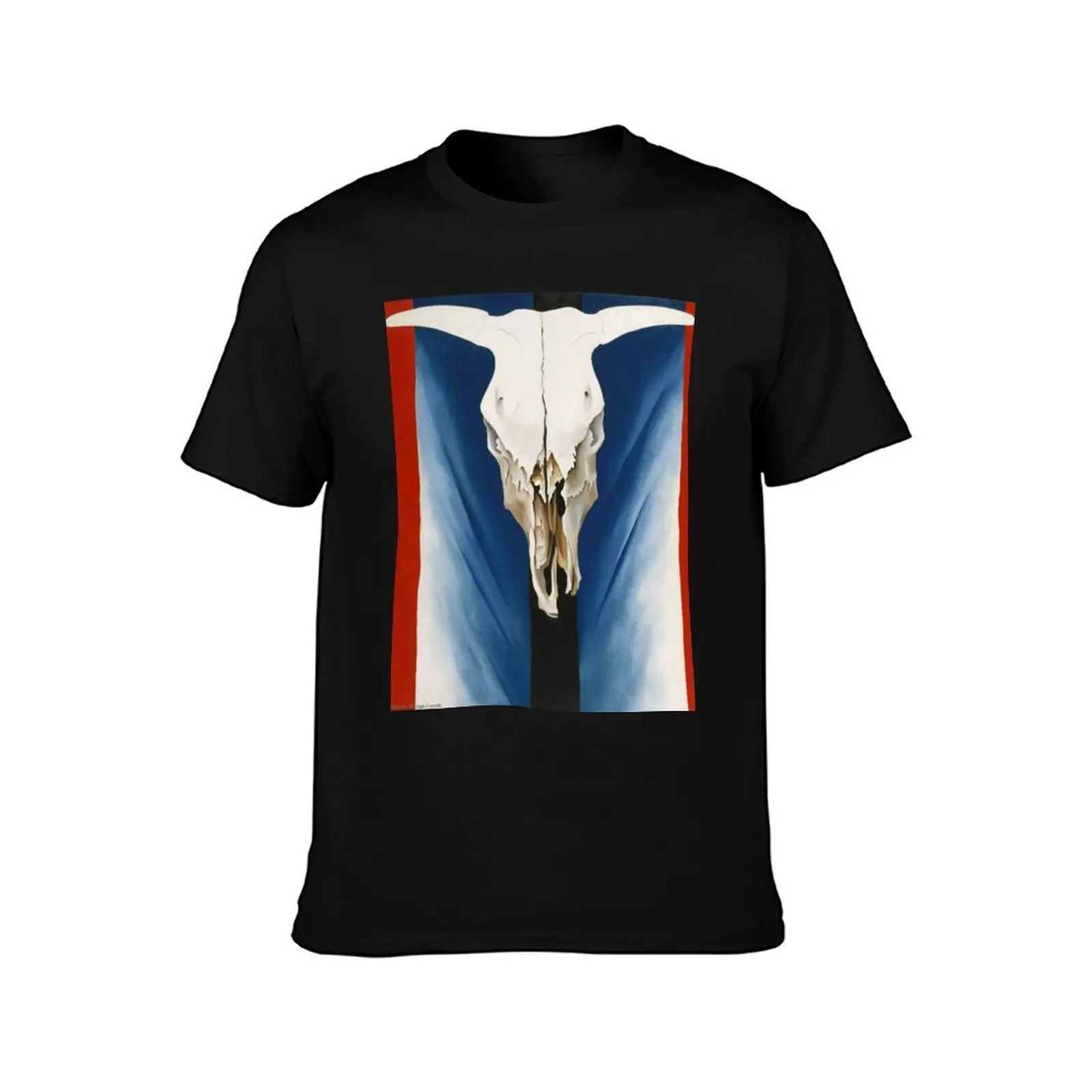Cow's skull : red white and blue of georgia O'keeffe art drawing T-Shirt, Summer Casual Cotton Tee, Oversized Streetwear Tops