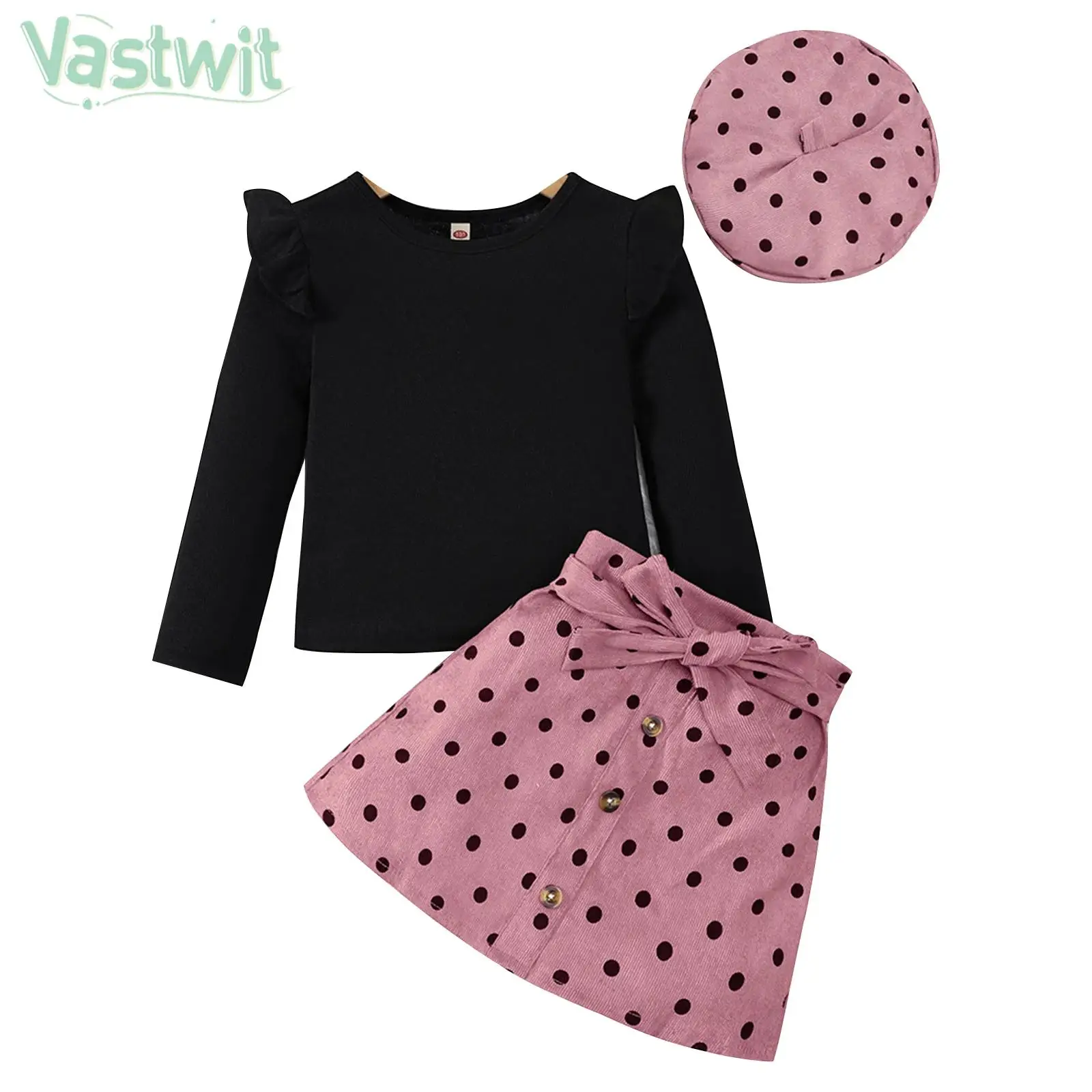 Little Girls Fashion Casual Costume Set Birthday Party Outfit Long Sleeve Knit Tops with Skirt Beret Hat Daily School Wear