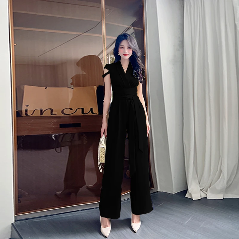 2024 Summer Women Elegant Solid Short Hole Sleeves V Neck Bandage Straight Leg Casual Working Jumpsuit