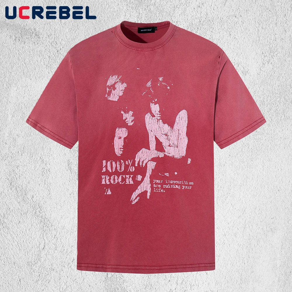 Portrait Print Short Sleeve T-shirt Mens Ripped Gradient Dyed Retro High Street  Summer Cotton Half-Sleeve Crew Neck Tee Man
