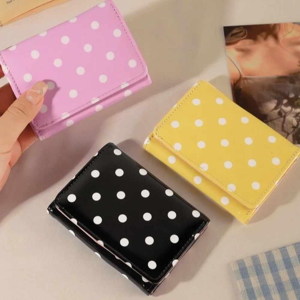 Casual Polka Dot Pattern Trifold Wallet Glossy PU Leather Multi-Pocket Coin Purse Short Wallet Women