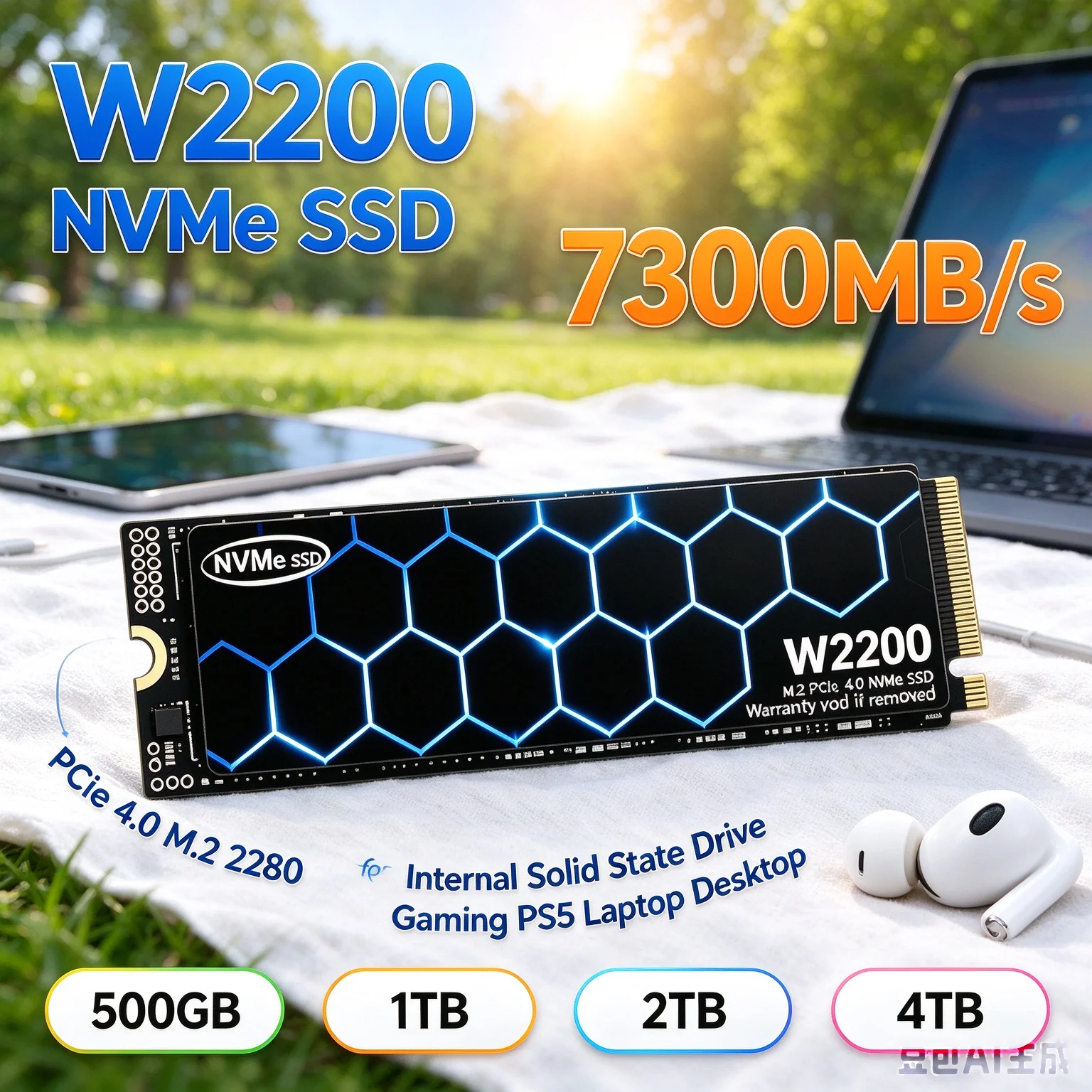 W2200 Launch Games in Seconds NVMe SSD 7300MB/s PCIe 4.0 M.2 2280 4TB Internal Drive Desktop Laptop, High Speed Storage