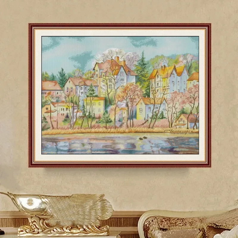 [[CC545-Riverside House] Stamped Cross Stitch Kit 14CT 16CT Pre Printed Canvas Cotton Threads DIY Embroidery for Home Wall Decor