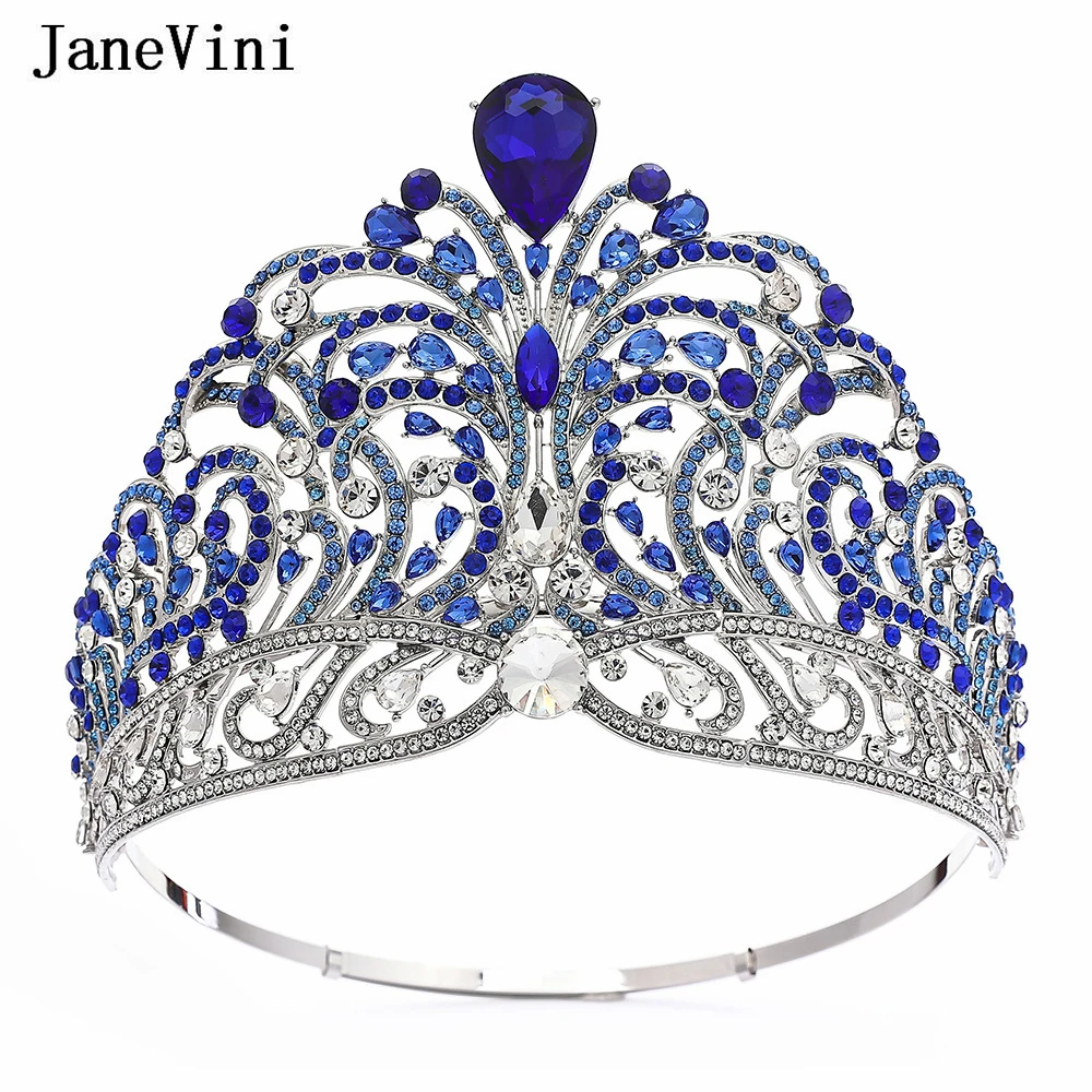 JaneVini Miss Universe Hair Jewelry Tiaras And Crowns Shining Rhinestone Round Large Crown Adjustable Bridal Wedding Headpieces