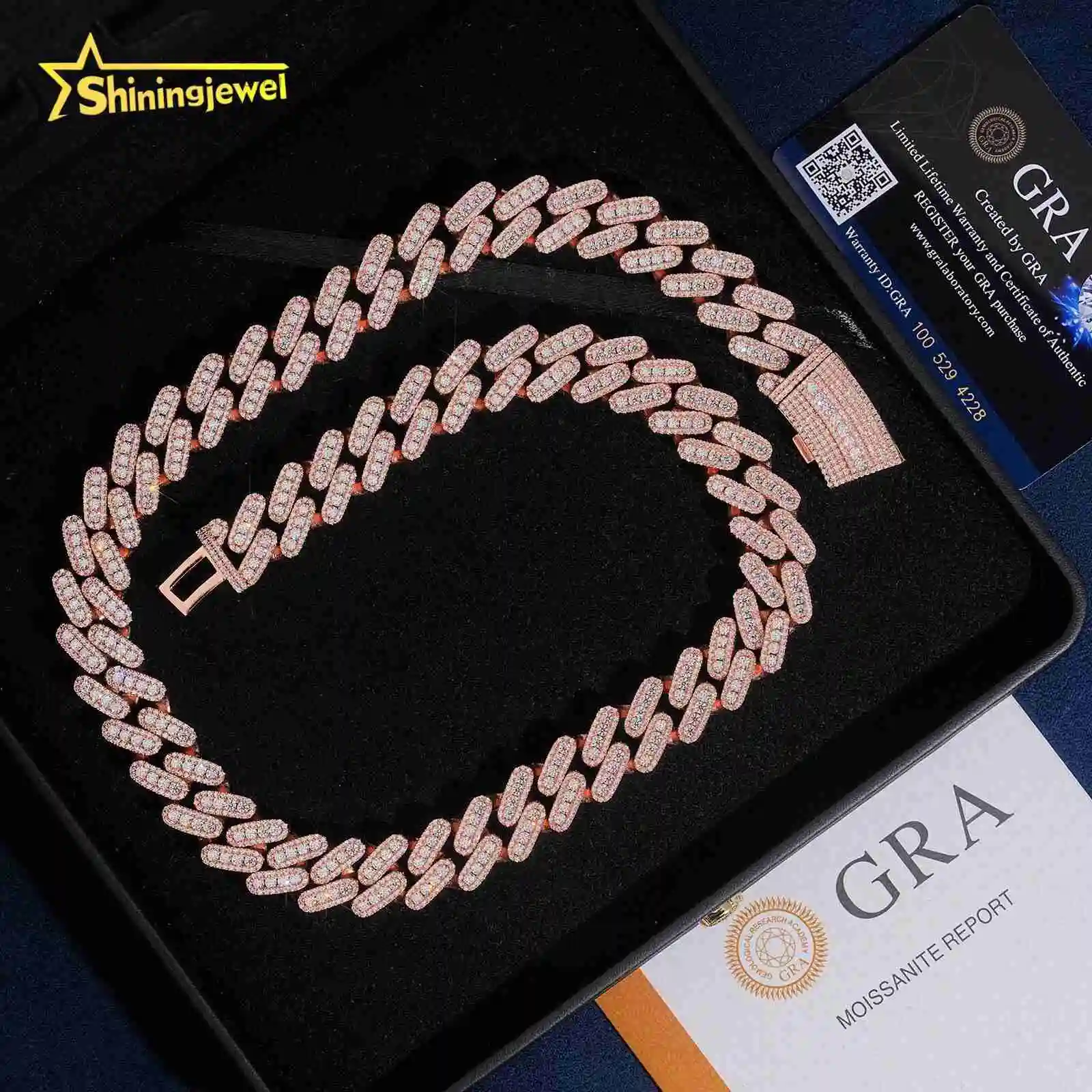 Rose Gold Plated 15mm Fully Iced Out Moissanite Cuban Link Chain GRA Hip Hop Jewelry Custom 925 Silver Cuban Chain for Men，