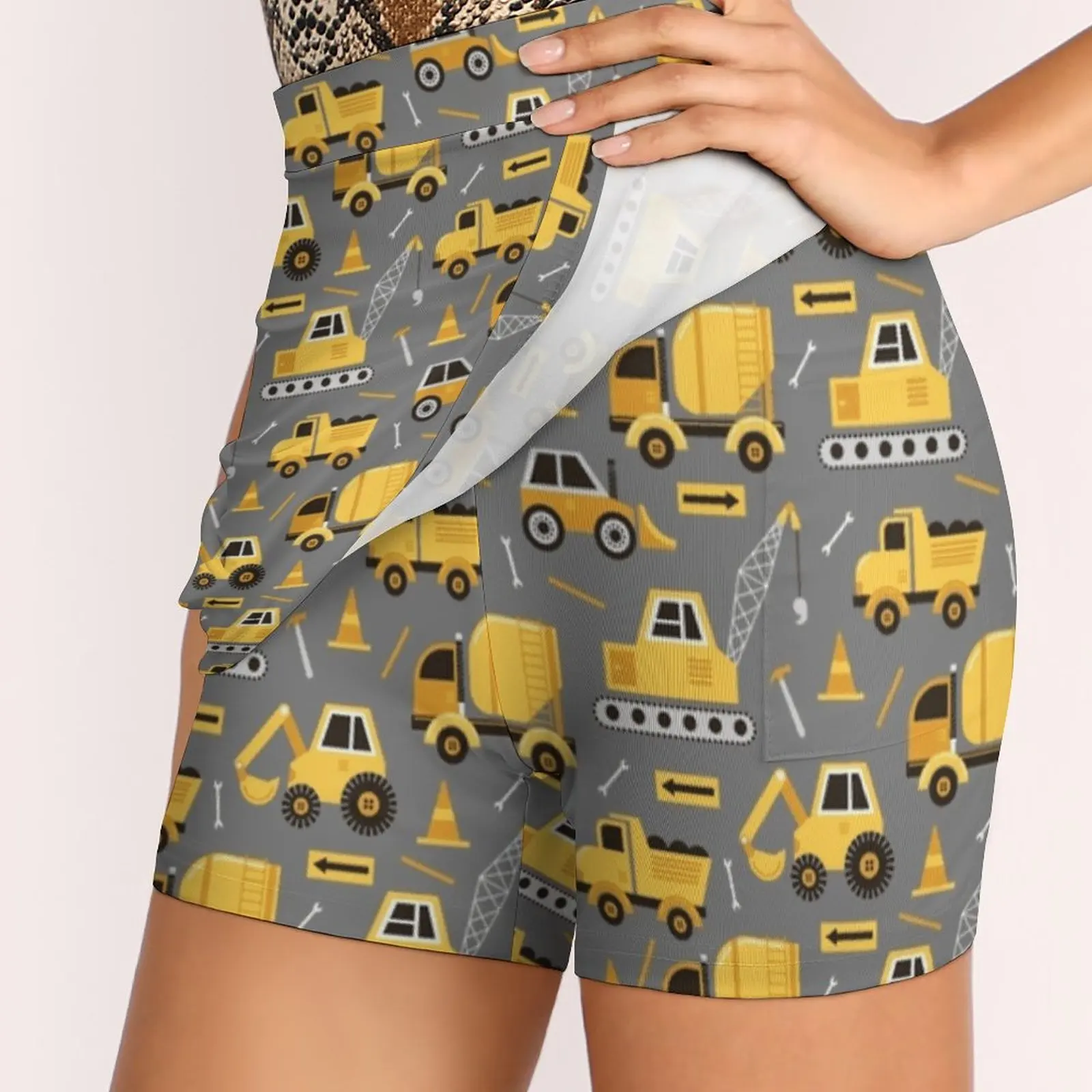 Construction Trucks On Gray New Women Skirts Double-Layer Printed Short Dress Mini Sport Skirt Construction Truck Trucks Crane