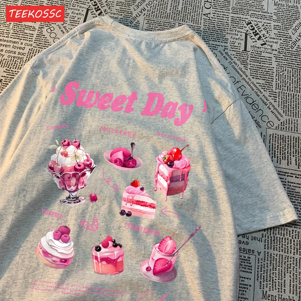 Street Cotton Womans T-Shirts Sweet Day Pink Ice Cream Cake Printed Streetwear Miękkie, oddychające, oversize Trend Odzież damska