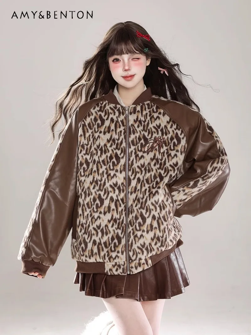 Winter Leopard Print Design Sense Splicing Leather Sleeves Baseball Cotton Clothes Thickened Loose and Thin Padded Jacket Women