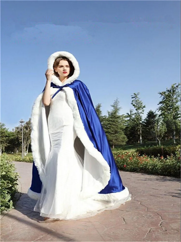Long warm capes white ivory bride winter wedding cloak shawl satin + artificial fur cape coat adult poncho Wedding cloak