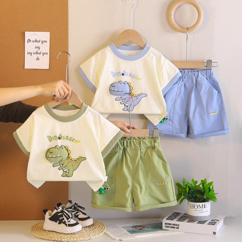 2026 Summer New Cute Children's Dinosaur Pattern Short Sleeve Top and Flower Bud Waist Shorts Two Piece Set