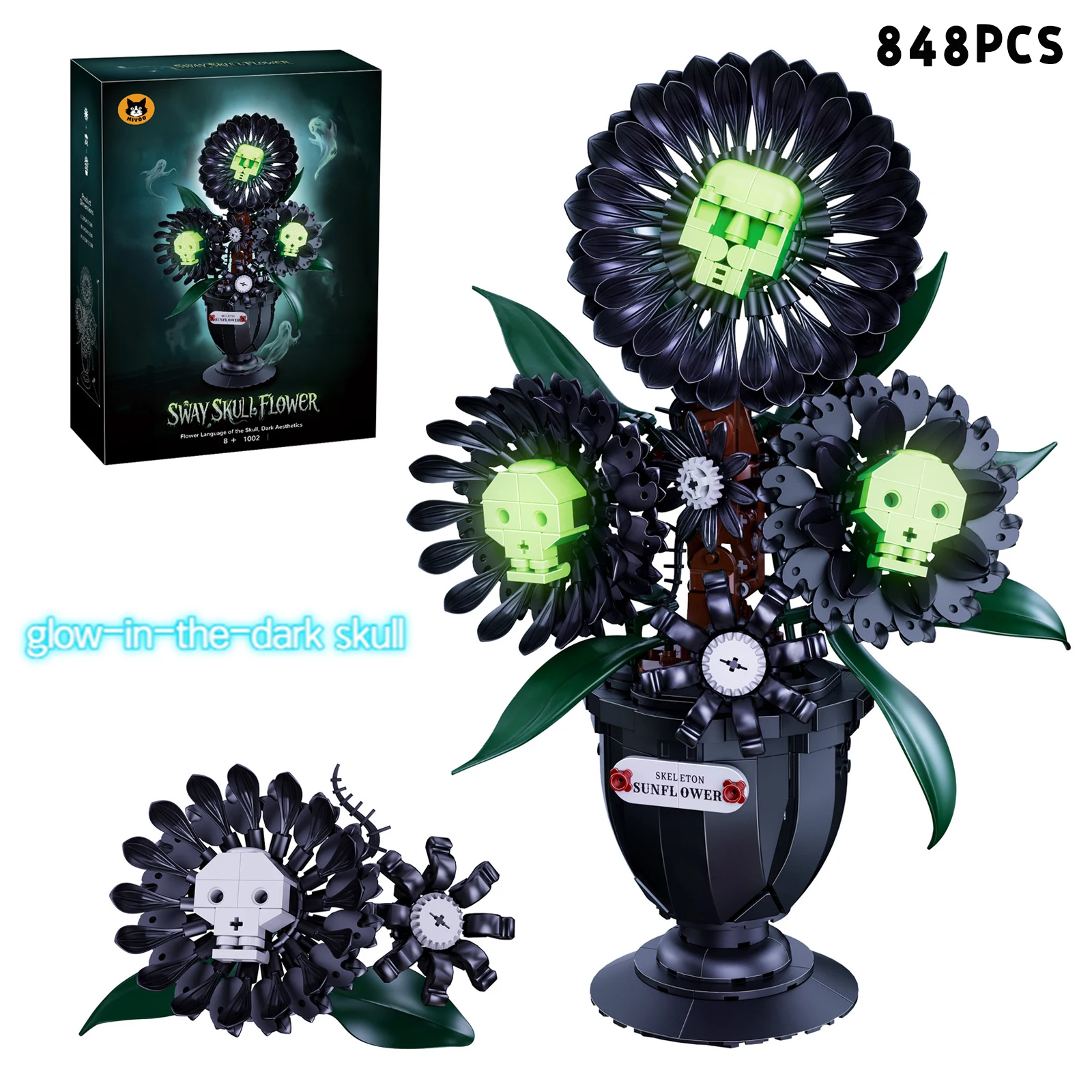 

MY1002 Sway Skull Flower 848PCS Building Blocks Set Gothic Dark Rose Bonsai Glow-In-The-Dark Skeleton Desk Decor Holiday Gifts