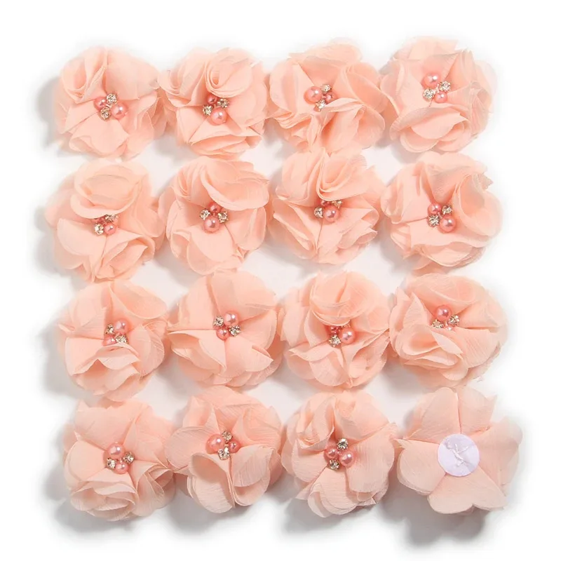 

100PCS Pearl Rhinestone Center Chiffon Hair Flower For Hair Accessories Hand Sewing Baby Headbands Need Your Own DIY No Clip