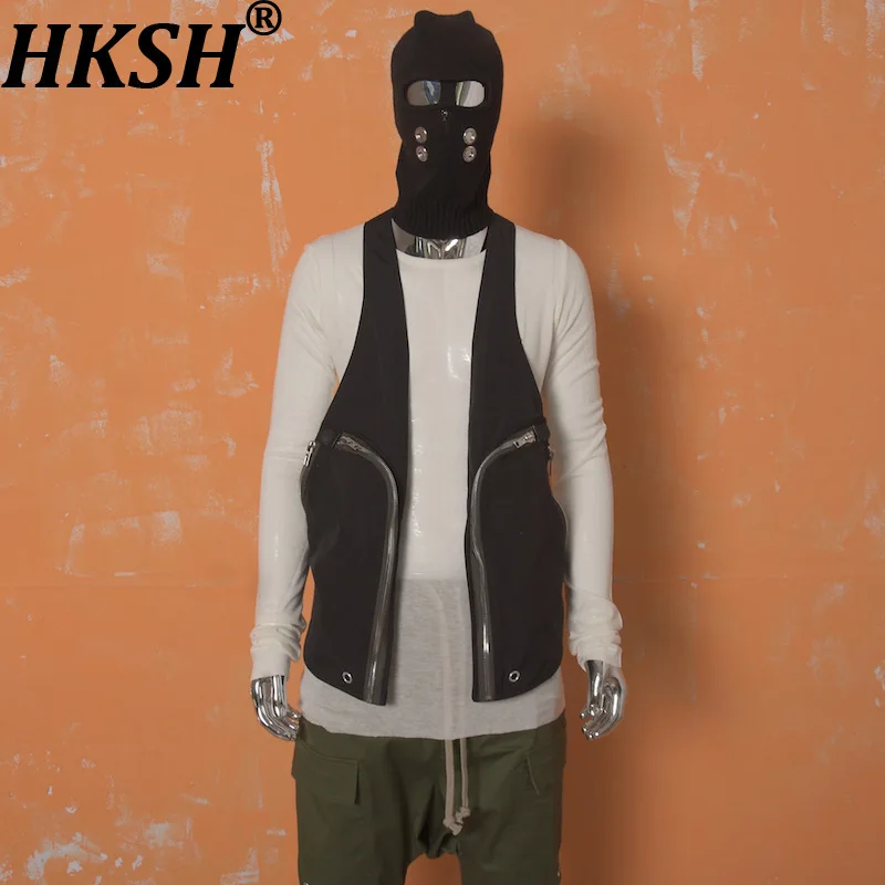 

HKSH Summer New Men Tide Dark RO Punk Versatile Fashion Metal Zipper Multi-Pockets Vest Casual Outdoor Safari Style Tops HK18359