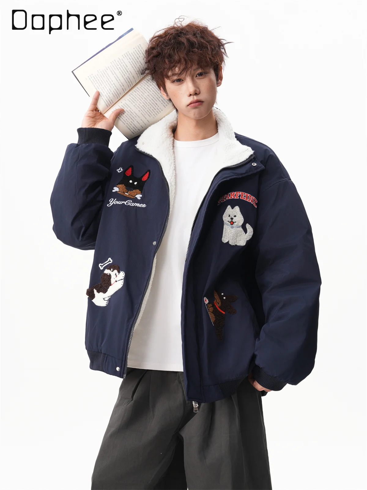

Autumn Winter New Cartoon Puppy Embroidery Turn-down Collar Navy Blue Baseball Jacket Men's Blue Loose Casual Warm Velvet Jacket