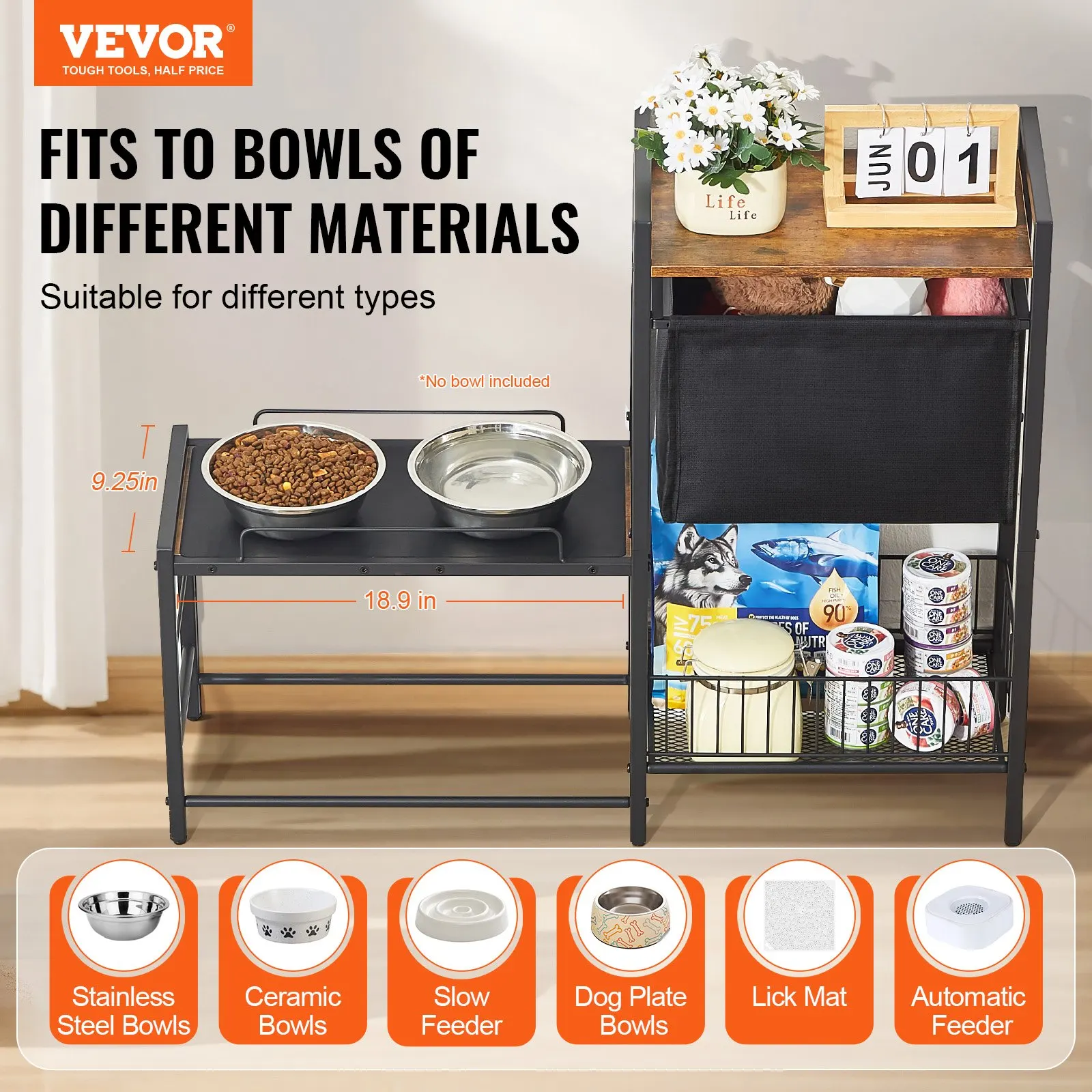 

Pet Feeding Station With Storage Dog Food & Toy Organizer Raised Dog Bowls