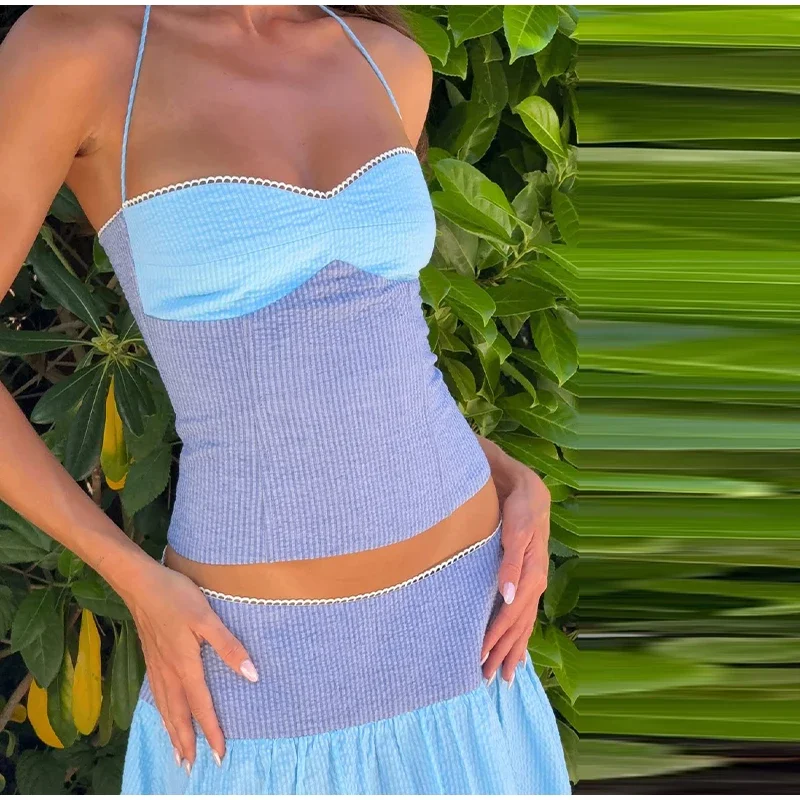 Sexy Neckholder-Crop-Top und Rock-Set für Damen – Strand-Outfit mit kontrastierendem Slim-Strick-Top und langem A-Linien-Rock – Zweiteiliges Set für den Sommer 2026 – Damen-Strandmode – Detail 13