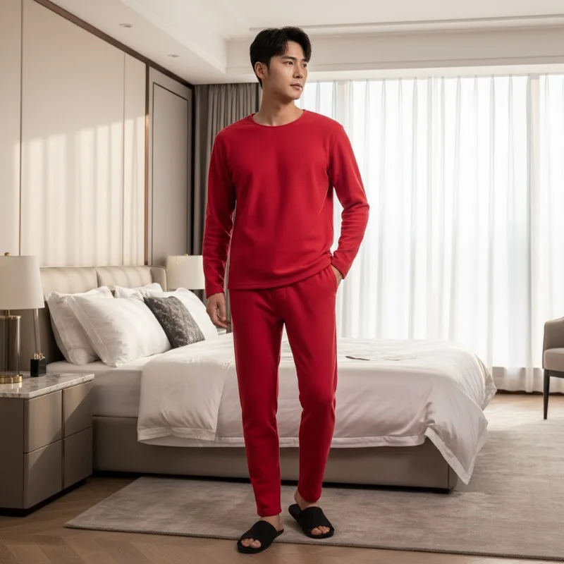 

Gender-free Thickened Thermal Suit, Winter Velvet Collarless Long-sleeved T-shirt and Trousers, Black and Red Set.