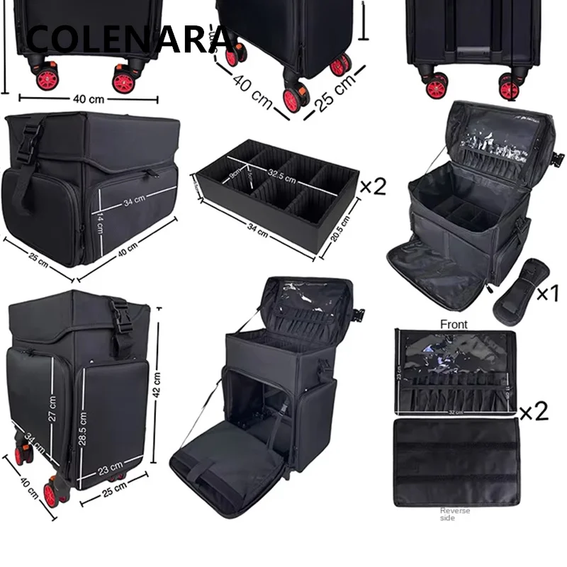 COLENARA حقيبة مستحضرات التجميل أكسفورد القماش القابلة للإزالة 2 في 1 المرأة حقيبة مستحضرات تجميل احترافية ذات سعة كبيرة حقيبة تروللي بعجلات الأمتعة