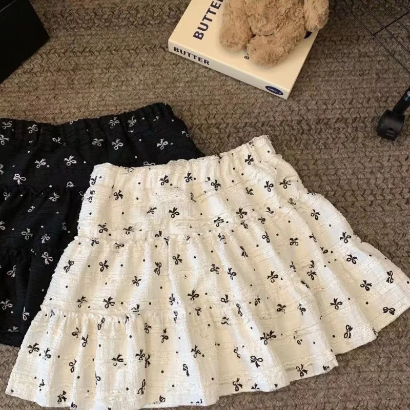 Bow Print Lace Hollow Skirt for Women Summer New Chic Age Reducing Hotsweet Girls Cake Skirt Korean Style Fashion Women Clothing
