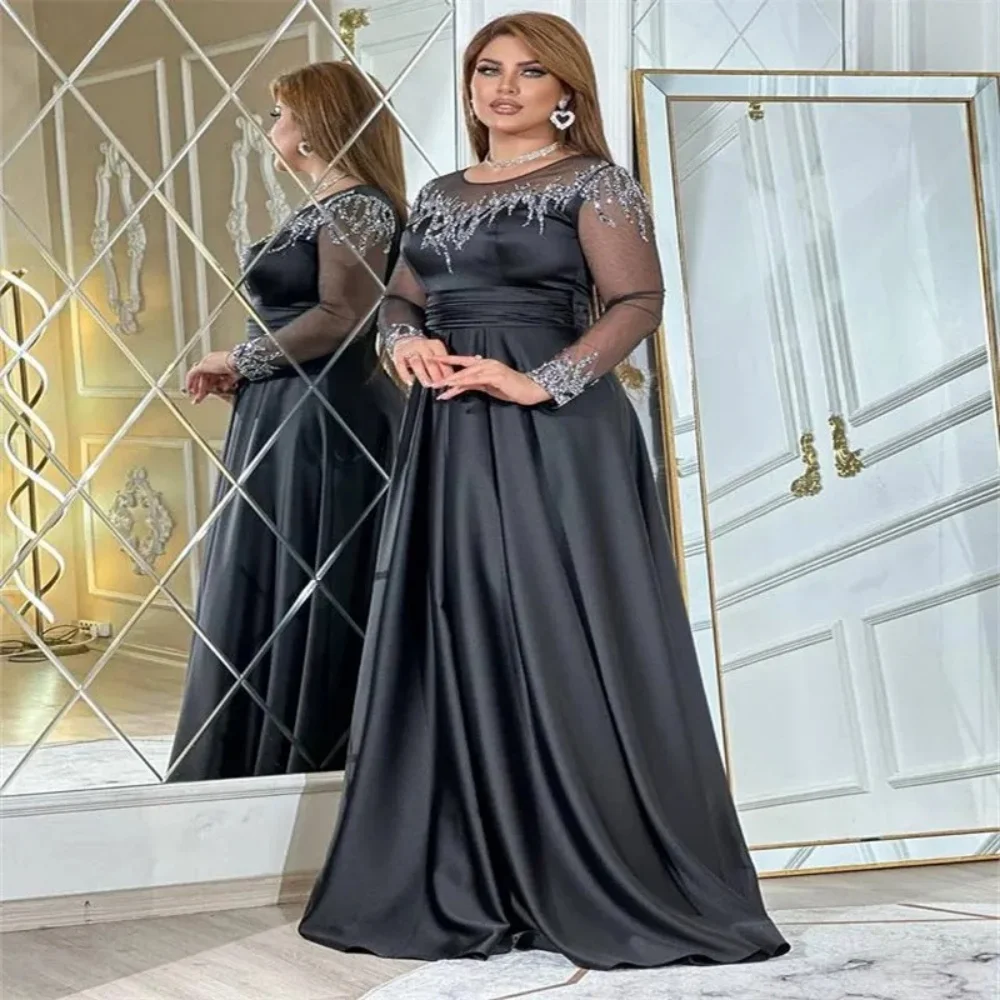 Spring New Arab Muslim Formal Evening Dress Beads Appliques O-Neck Long Sleeves A-Line Satin Mother Dress Women Reception Dress