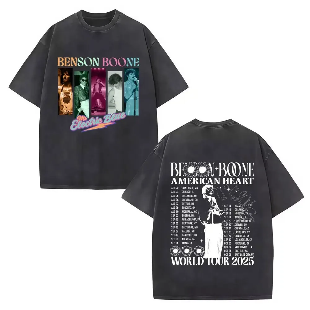 

2025 Singer Benson Boone American Heart Tour Double Sided Print Vintage Washed High Street Oversized T Shirts Mens Tide Tees