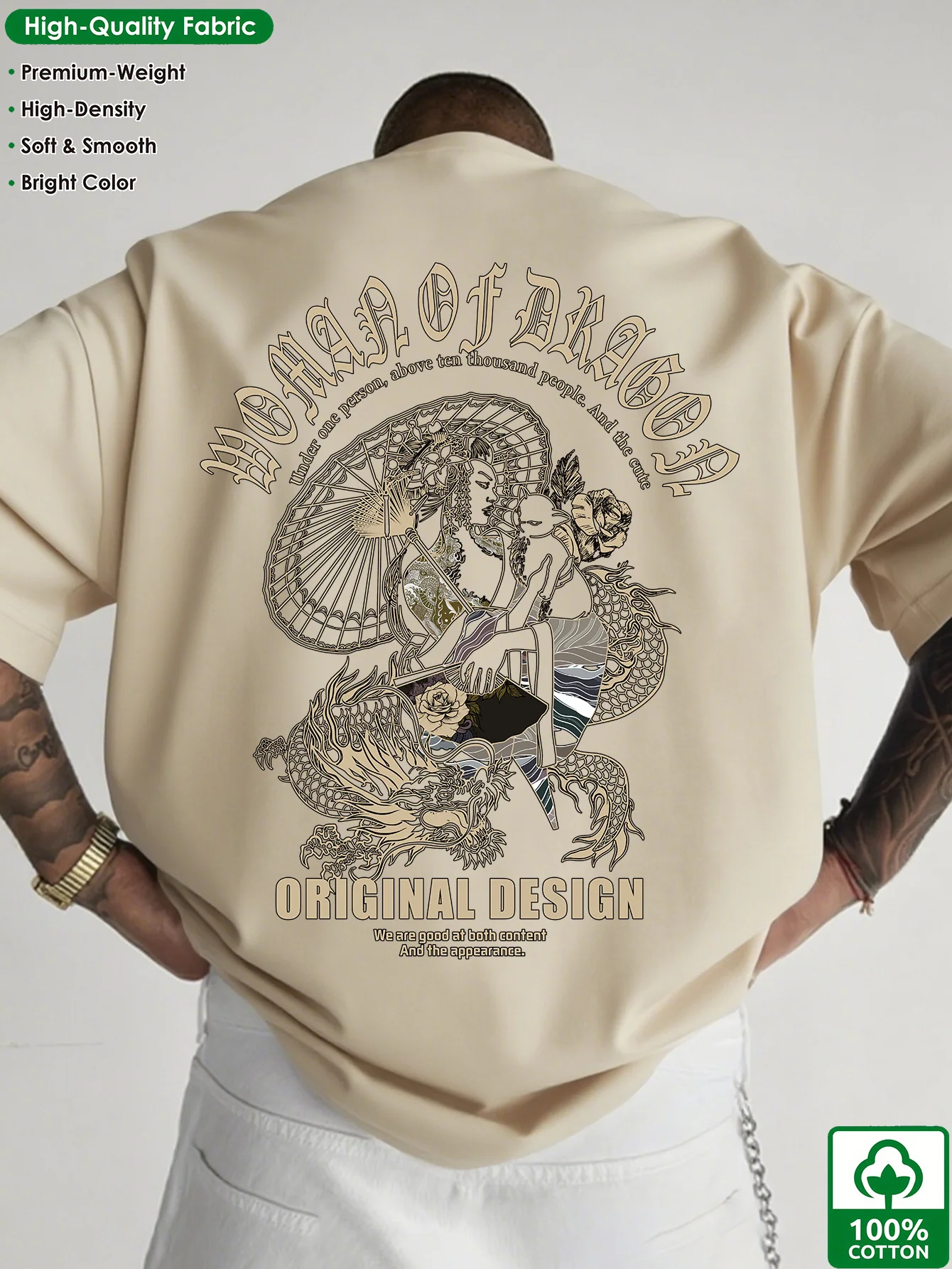 Woman of Dragon Geisha Graphic Print 100% Cotton Mens T Shirt for Summer Streetwear and Edgy Urban Aesthetic