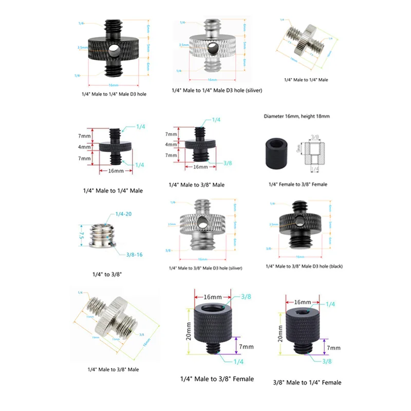 Adaptador Universal de tornillo de conversión para cámara, accesorios de fotografía de 1/4 macho a 3/8 hembra, monopié de trípode