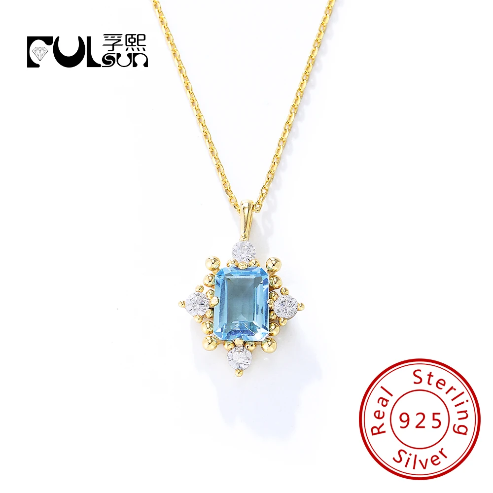 

925 sterling silver 14k gold plated Popular Style Luxurious Crystal Stone Wedding Topaz Blue Pendant Necklaces for women