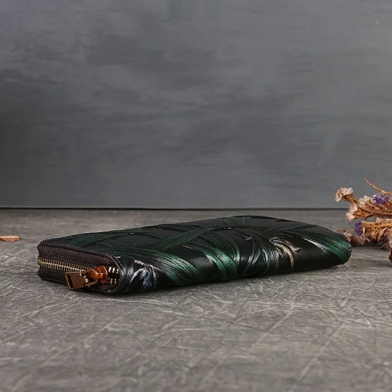 حامل بطاقات جلد طبيعي للنساء ، جودة عالية ، عتيق ، منقوش يدويًا ، جلد البقر ، حقيبة محفظة طويلة