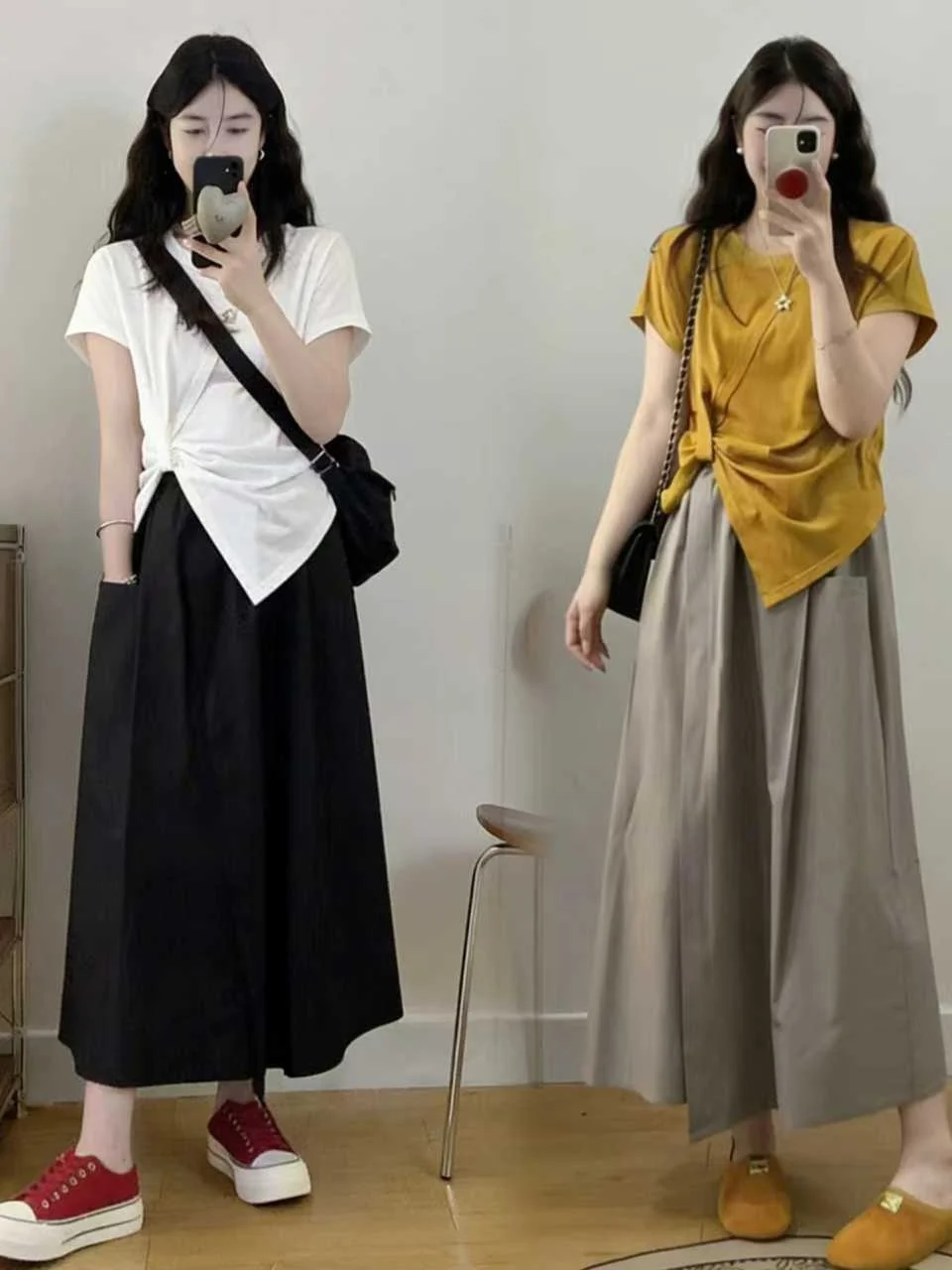 

plus Size Fashionable Women's Summer round Neck Pleated T-Shirt And Slimming Asymmetrical Skirt Two Piece Set