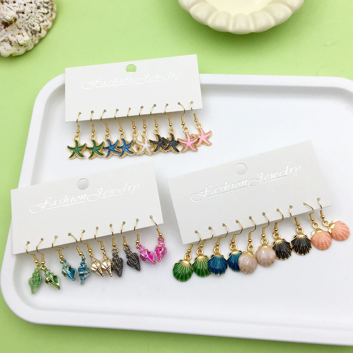 5 Pairs/Set Alloy Enamel Marine Life Shell Conch Starfish Design Earrings Fashion Women Girls Holiday Jewelry Gifts