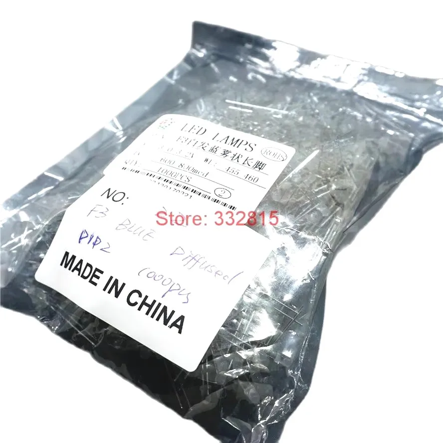 1000 قطعة، F3 DIFUSED DIP LED، 3 مم أصفر أحمر أخضر أزرق دافئ أبيض وردي، رأس مستدير