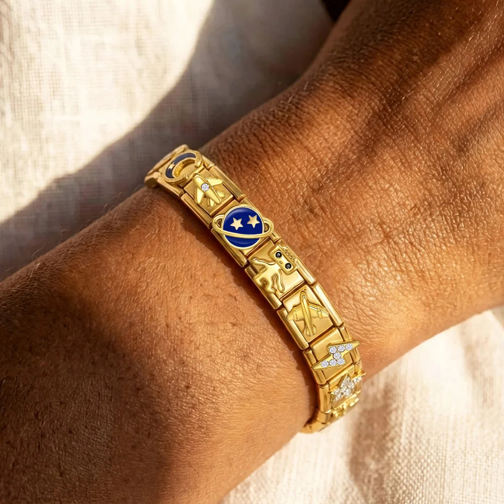 URING Goldfarbene italienische Armbandanhänger in Großpackung: Roboter, Flugzeug, Stern, Planet, Mond für Damen und Herren, DIY Edelstahl 9mm Schmuck – Detail 2