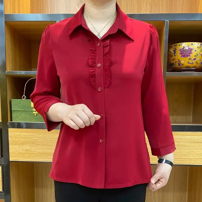 Office Lady Stylish Folds Spliced Shirt 2023 Spring Autumn All-match Solid Color Commute Single-breasted Female Polo-Neck Blouse