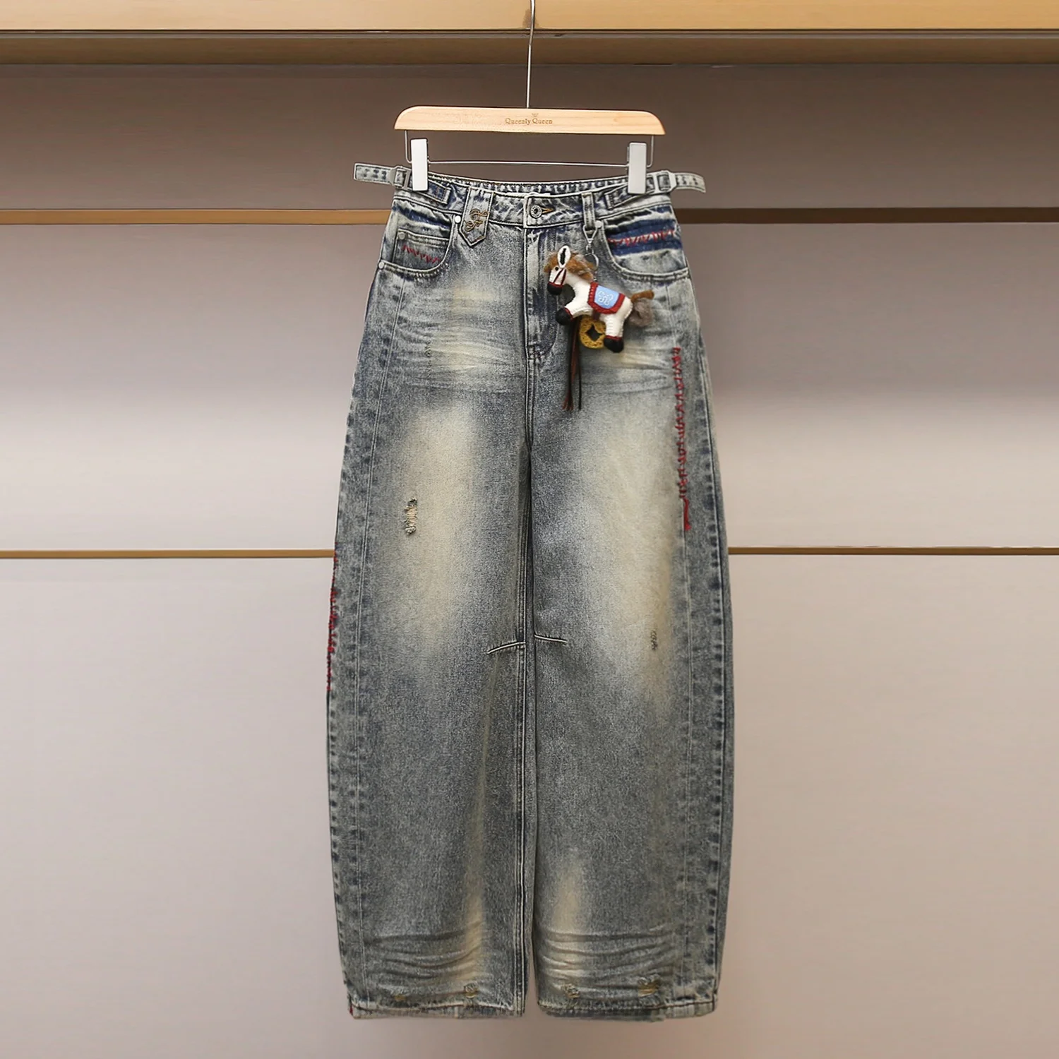 

High Waist Wide Leg Denim Jeans with Charm Worn-In Fini Casual Sle Women's Premium Faion Winter New Arrival