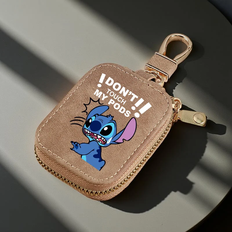 เคสใส่หูฟังไร้สายหนัง PU ลายเย็บ พร้อมช่องตาข่ายและพวงกุญแจสำหรับหูฟังไร้สาย