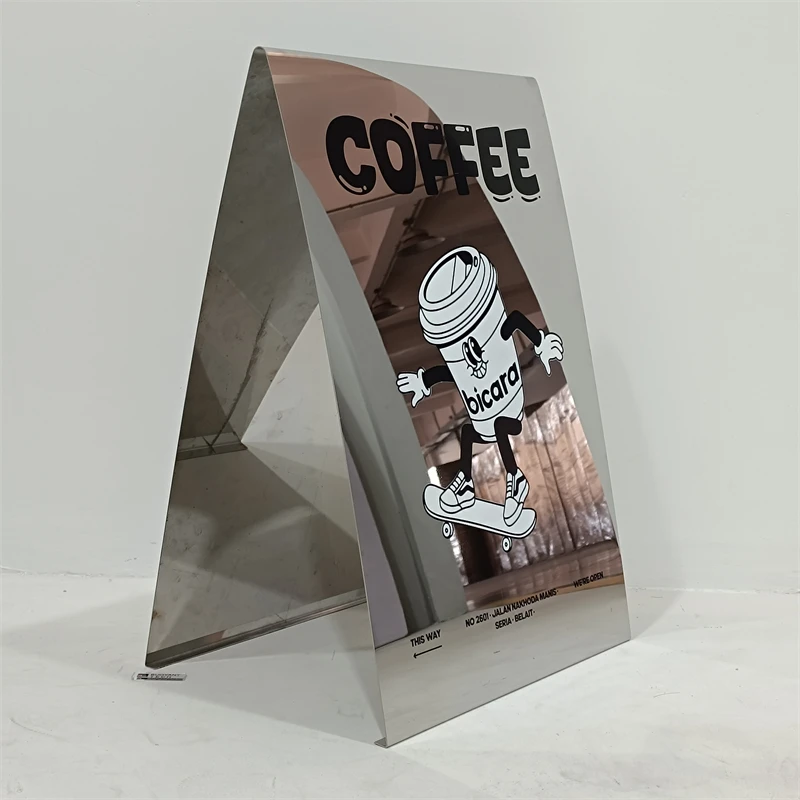Outdoor Floor Weighted Metal A-frame Signs Mirror Stainless Steel Stand Sign Shop Door Standing Custom A Frame Sandwich Board