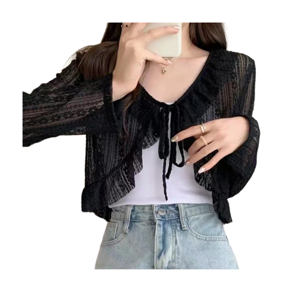 2024 Summer Lace Cardigan Lazy Loose White and Black color long-sleeved Air-conditioned Shirt Cropped Cardigan Sunscreen T Shirt