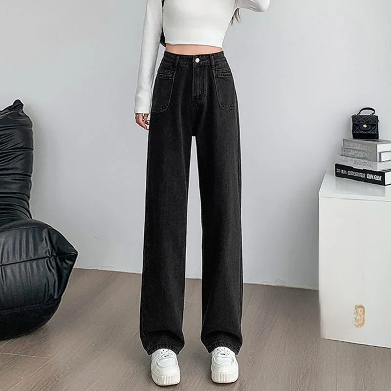 High Waist Thickened Fleece Wide Leg Jeans Women's Straight Cut Loose Drapey Floor-Length Pants Autumn Winter Cotton Denim