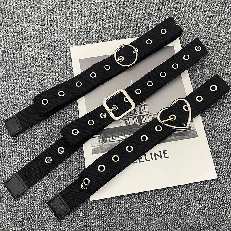 Alloy Heart Square Round Buckle Hollow Unisex Belt Versatile Decorative Canvas Jeans Women's Belt Fashion Ins Style Black Belt