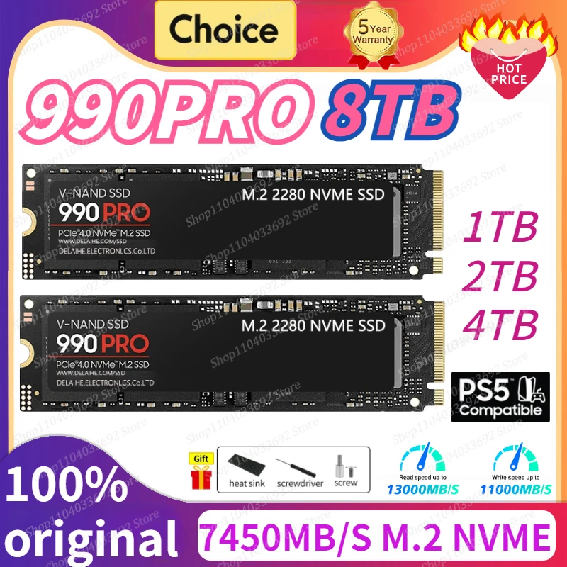 2024 New 990Pro SSD NVMe PCIe 4.0 Reads 7450MB/s M.2 Solid State Drive, Suitable for High-end Gaming Computers on PS5 Laptops