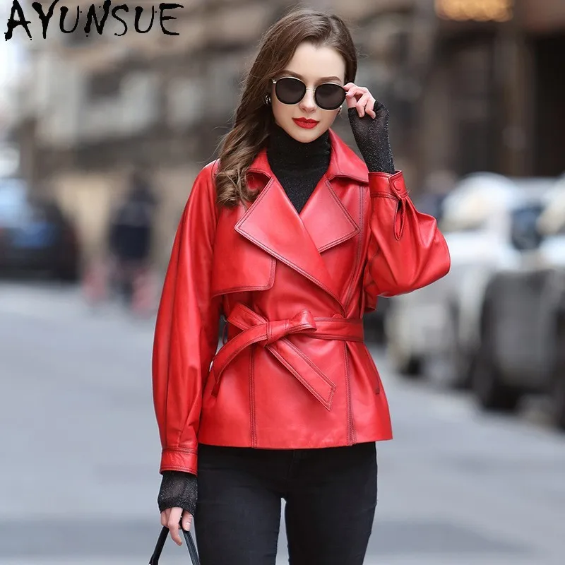 AYUNSUE Genuino Giacca di Pelle Delle Donne 2025 Primavera Autunno Vestiti Cappotti di pelle di Pecora Collare del Vestito Delle Donne Cappotto Cintura Jaqueta De Couro